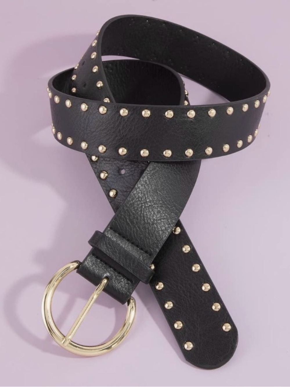 Black Studded Vegan Leather Belt with Gold Buckle